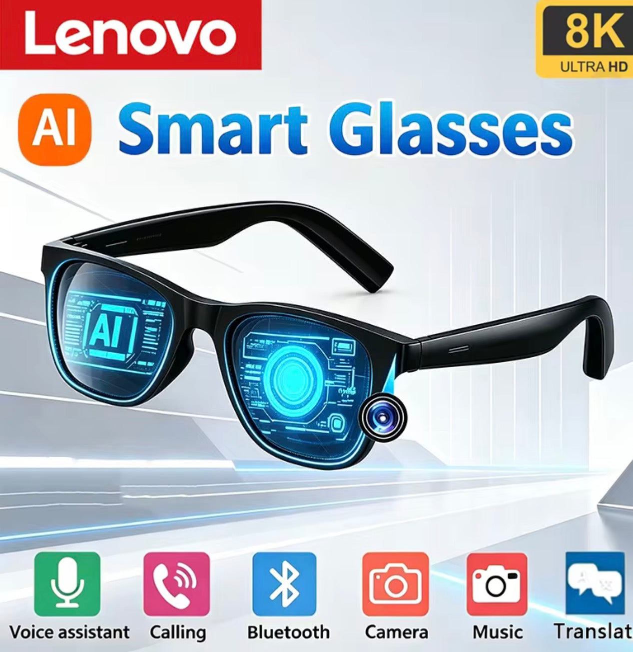Lenovo AI Remote Control Touch Smart Glasses 8K HD Photo Camera Recording Translator Voice Assistant Music Bluetooth Sunglasses